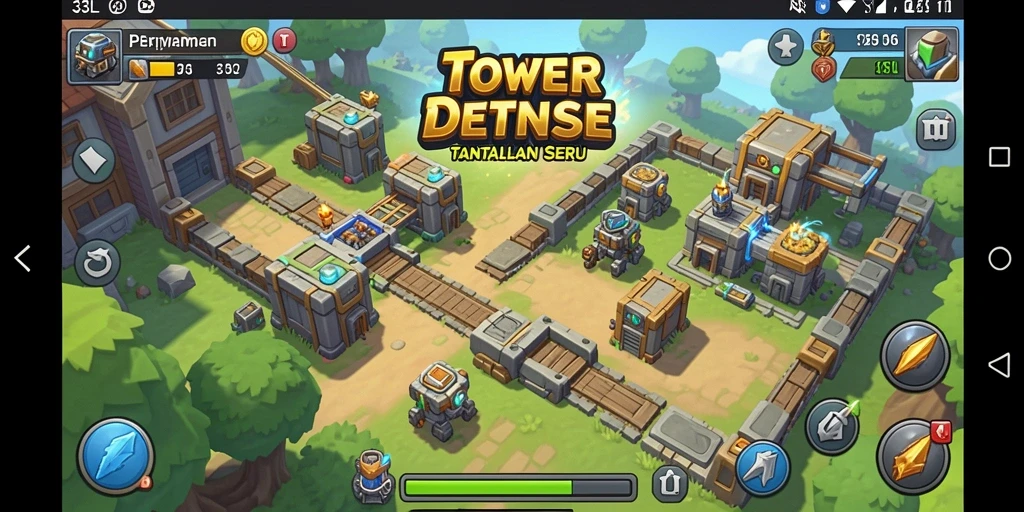 Tampilan gameplay 33L dengan menara dan musuh yang terlihat jelas.