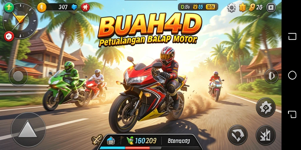 Screenshot dari gameplay <strong>BUAH4D</strong> yang menampilkan aksi balap motor yang mendebarkan.