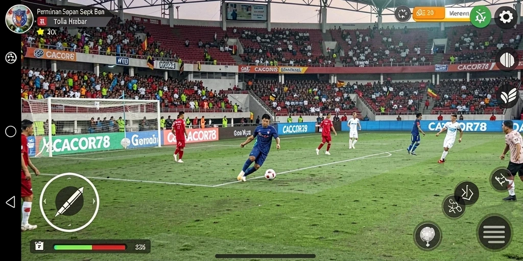 Tangkapan layar permainan CACOR78 dengan aksi sepak bola seru.