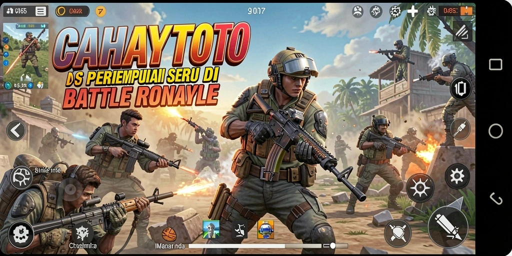 Screenshot menampilkan aksi seru dalam game Battle Royale, dengan pemain bertempur di medan perang.