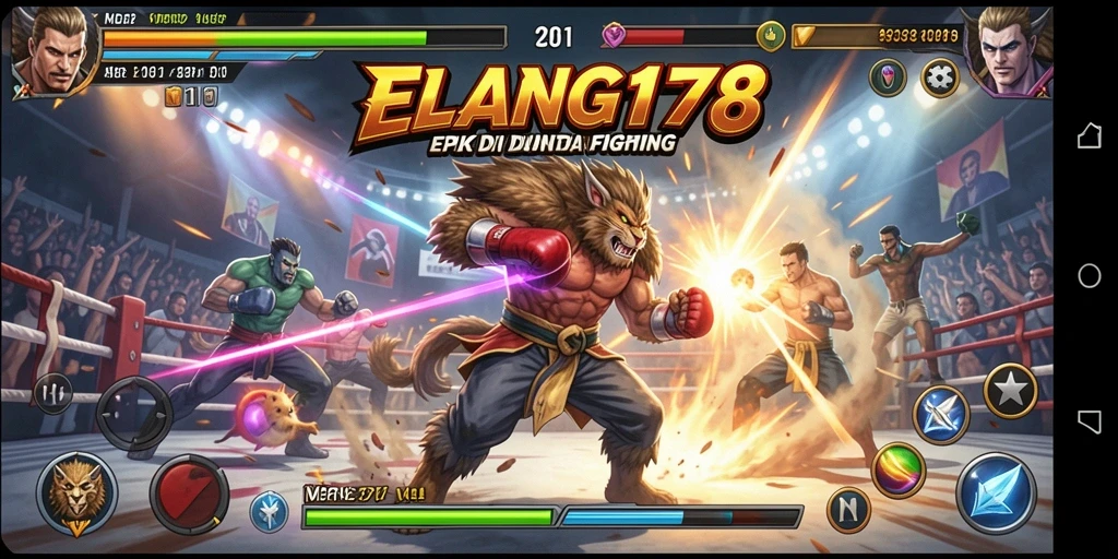 Screenshot utama ELANG178 menunjukkan pertarungan seru dengan karakter unik.