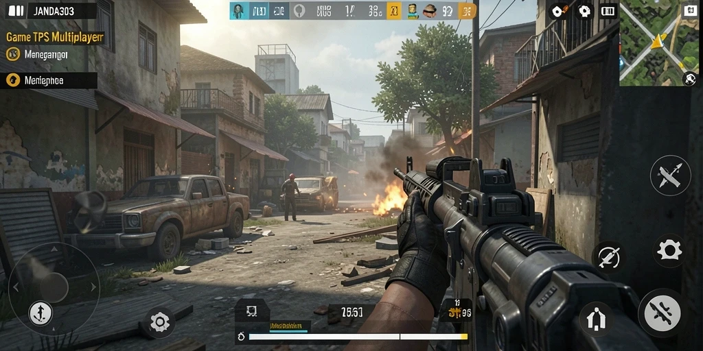 Tangkapan layar gameplay menegangkan dari JANDA303 yang menunjukkan aksi pertempuran TPS.
