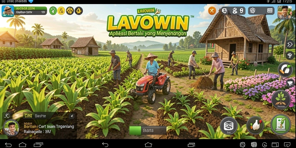 Screenshot gameplay LAVOWIN yang menampilkan kebun yang indah dan hewan peliharaan.