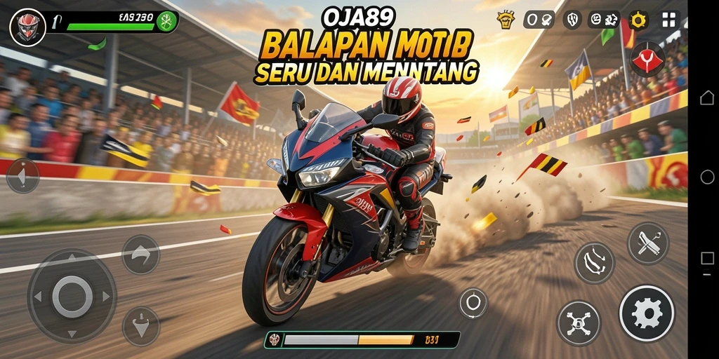 Screenshot gameplay OJA89 menunjukkan balapan motor yang intens.