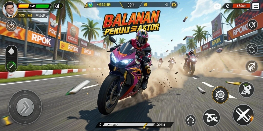 Tampilan gameplay balapan motor RPOK yang seru dan menegangkan.