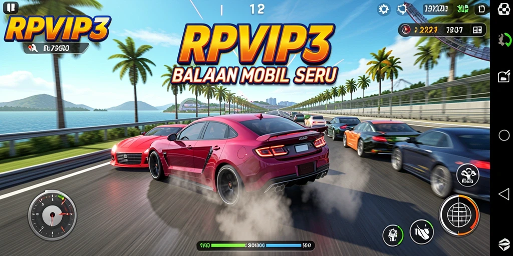 Gameplay seru RPVIP3 dengan mobil melaju kencang di trek balapan.