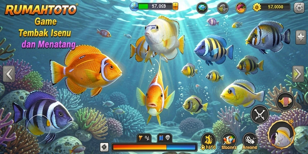 Gameplay seru RUMAHTOTO dengan berbagai ikan menunggu untuk ditembak.