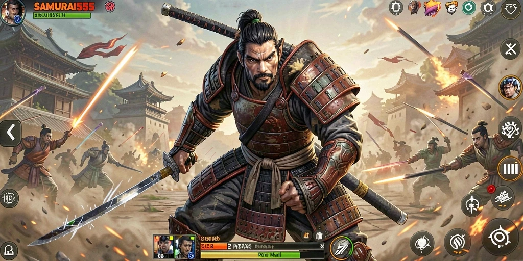 Tampilan gameplay mendebarkan dari SAMURAI555 dengan aksi samurai yang intens.
