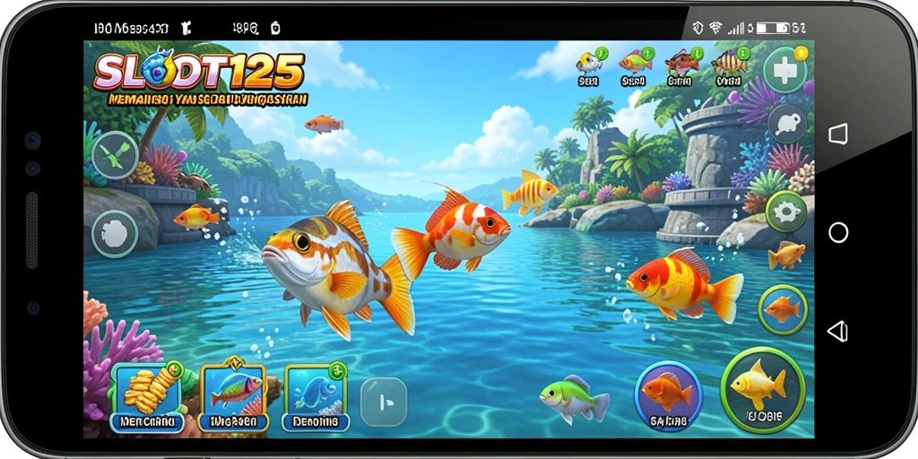 Screenshot menunjukkan gameplay menarik dari SLOT123 dengan ikan berwarna-warni.
