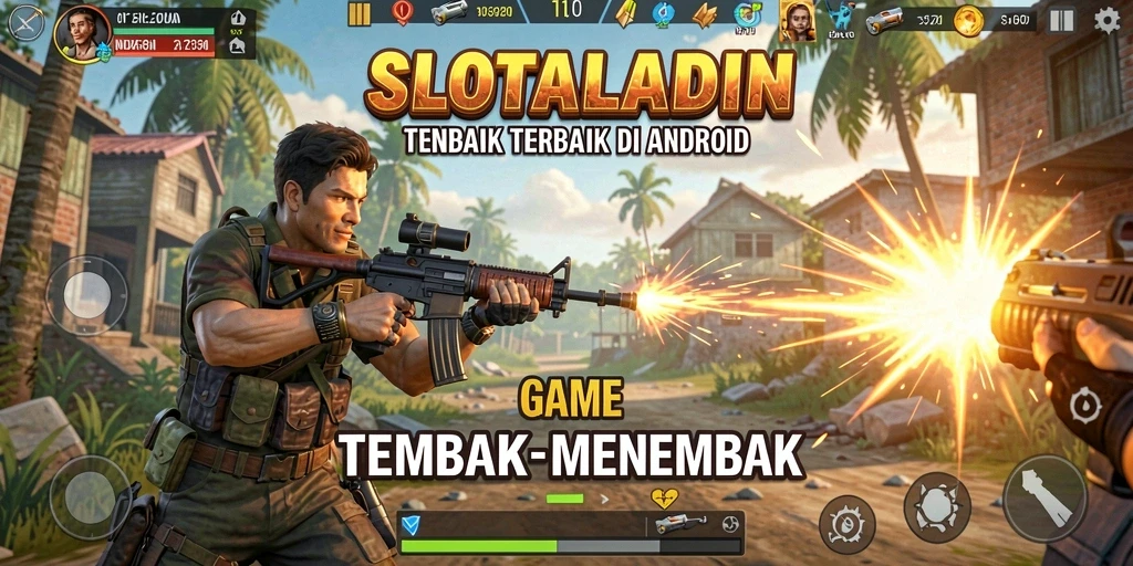 Tampilan gameplay menegangkan di SLOTALADIN dengan aksi tembak-menembak yang seru.