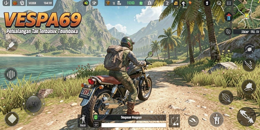 Screenshot gameplay VESPA69 menampilkan aksi menjelajah dunia terbuka.