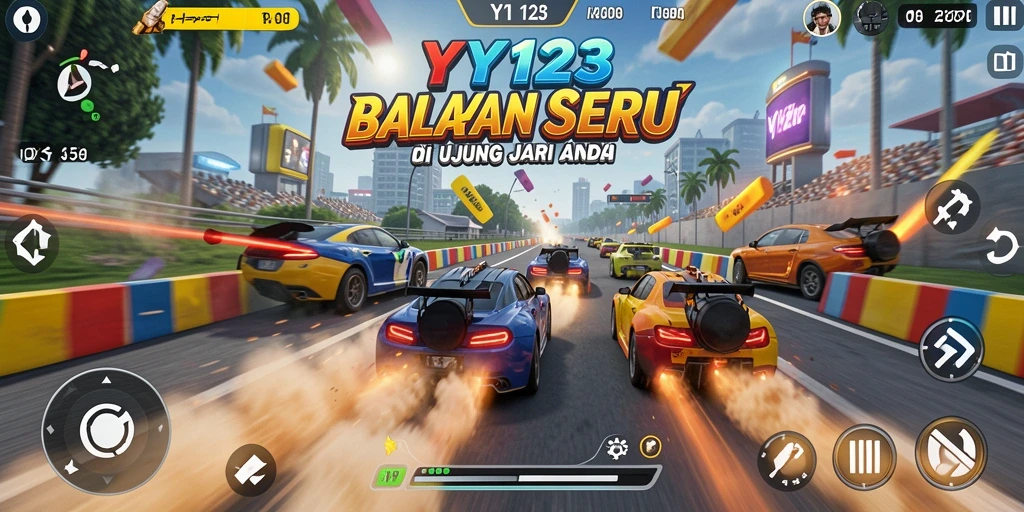 Screenshot gameplay YY123 menunjukkan aksi balapan yang mendebarkan.